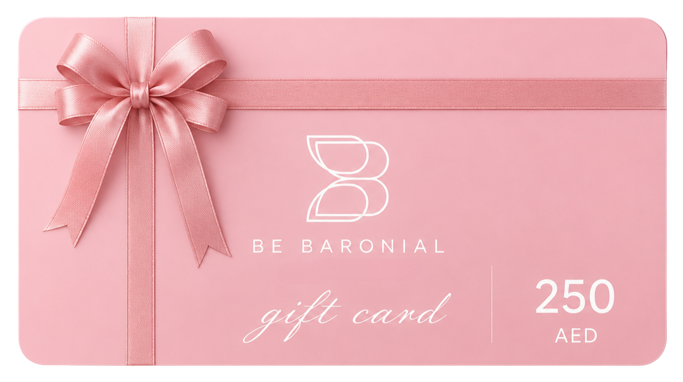 Be Baronial gift card in blush pink with satin ribbon bow and 250 AED value
